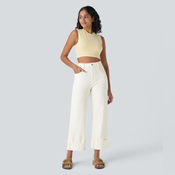 HALARA Denim - Halara High Waisted Multiple Pockets Rolled Hem Wide Leg Stretchy Knit Casual